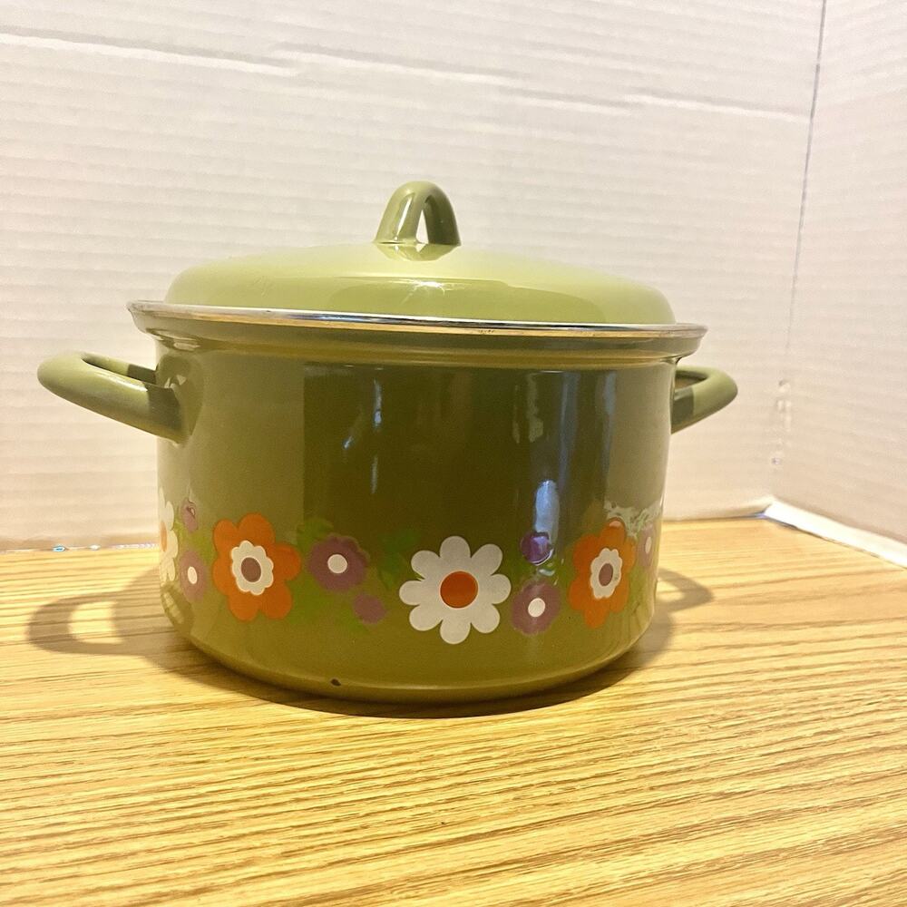 Vintage West German Mid Century 70s RARE Avocado Flower Power Cooking Stock Pot